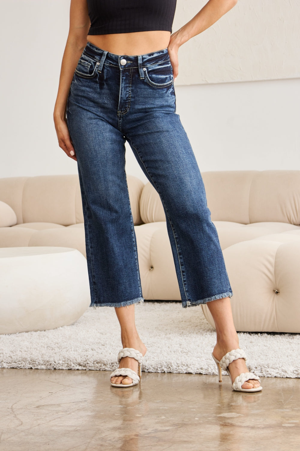 Inseam 24" FULL Size Tummy Control High Waist Raw Hem Jeans RFM
