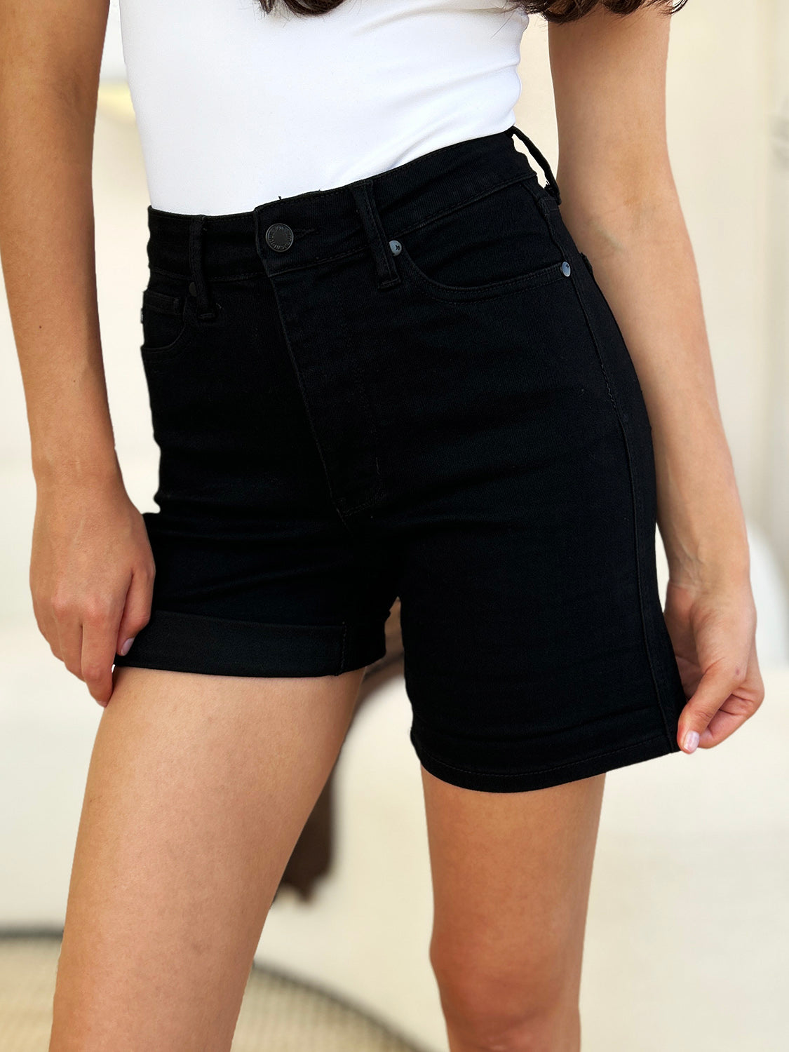 JUDY BLUE Full Size High Waist Tummy Control Cuffed Denim Shorts