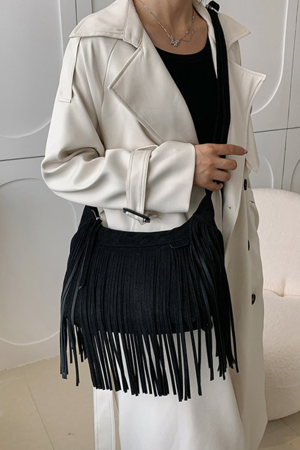 Suede Fringe Adjustable Strap Shoulder Bag - 7 COLORS H@W@X@B