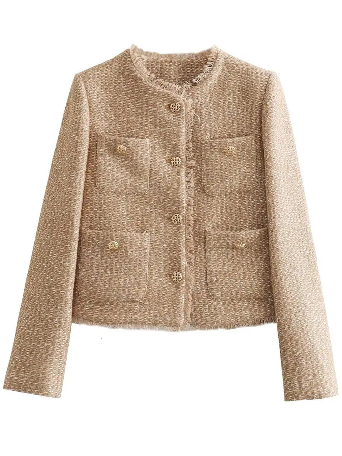 Raw Hem Pocketed Round Neck Jacket Y@S@M