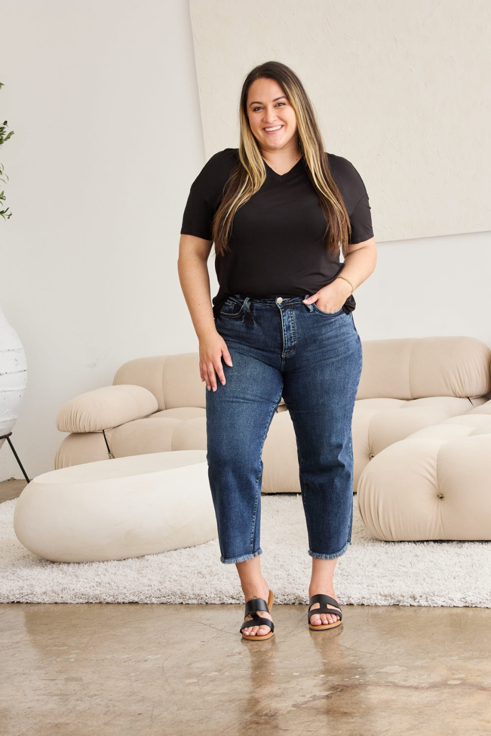 Inseam 24" FULL Size Tummy Control High Waist Raw Hem Jeans RFM