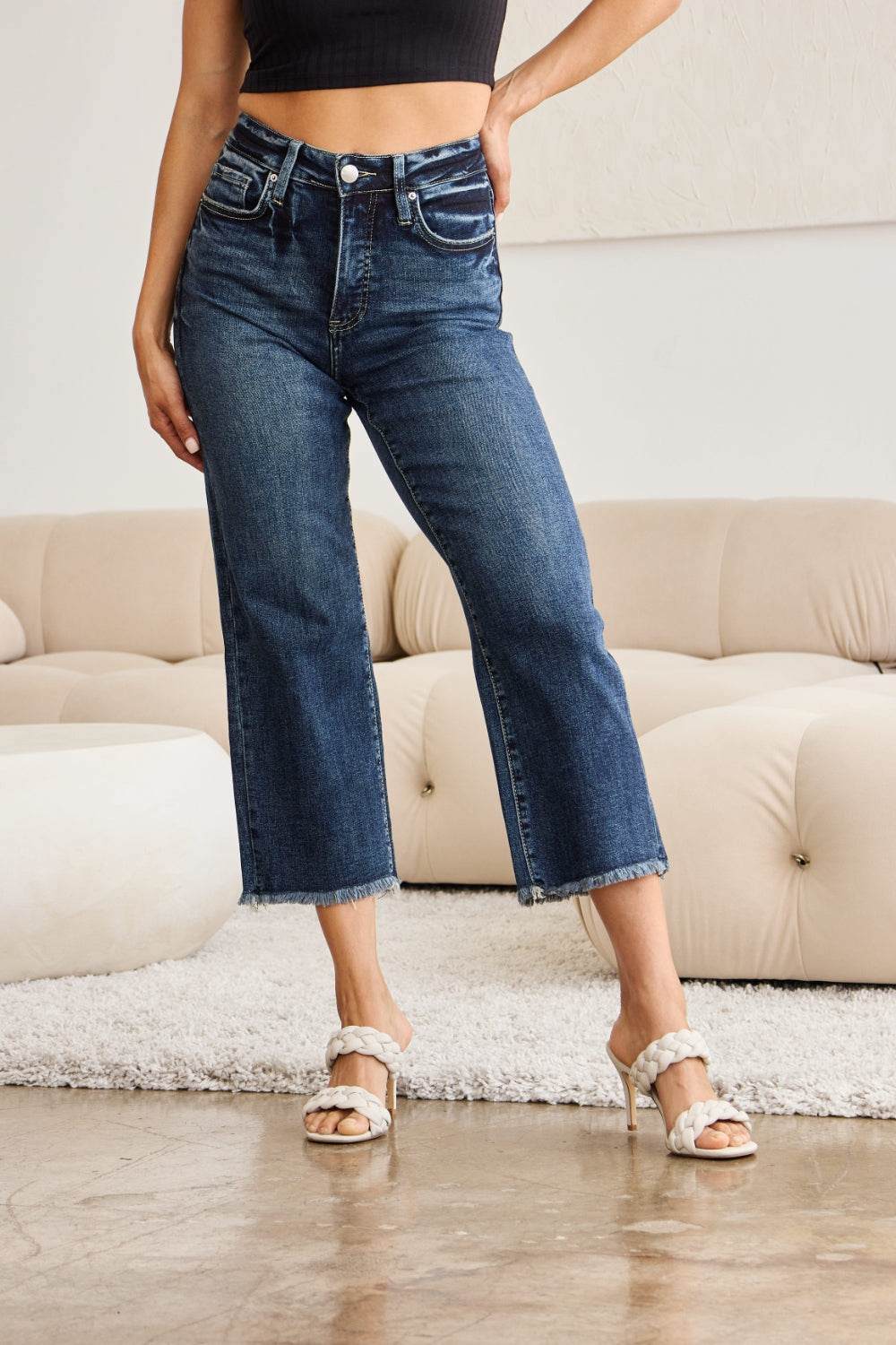 Inseam 24" FULL Size Tummy Control High Waist Raw Hem Jeans RFM