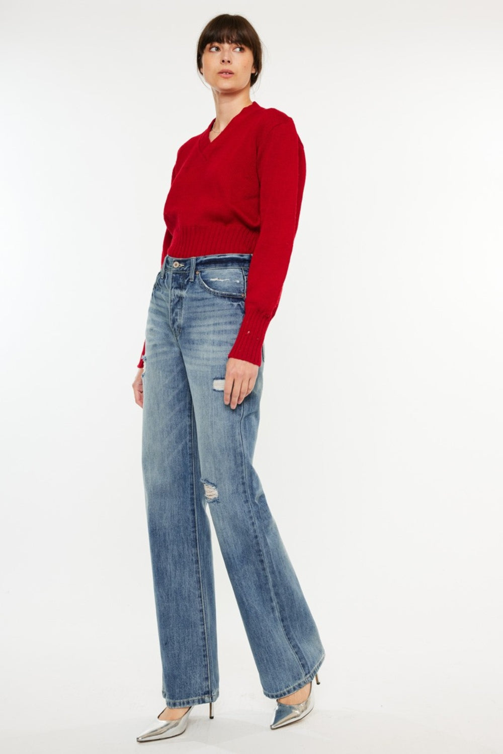 Distressed High Waist Bootcut Jeans KANCAN