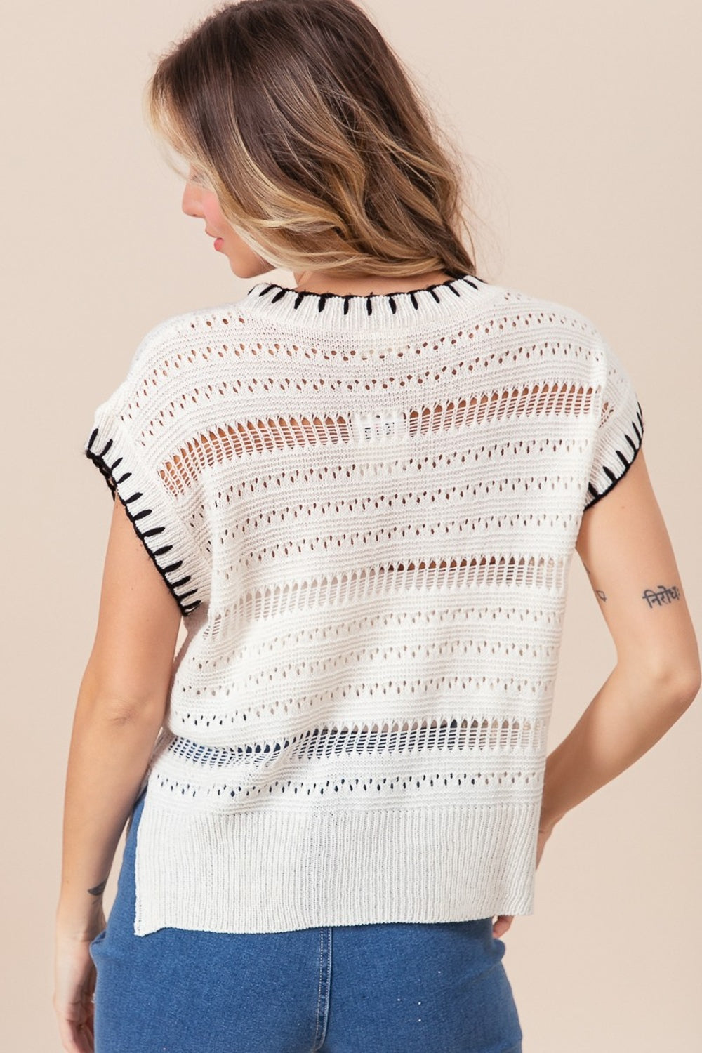 BIBI Stitch Edge Pointelle Side Slit Sweater Vest