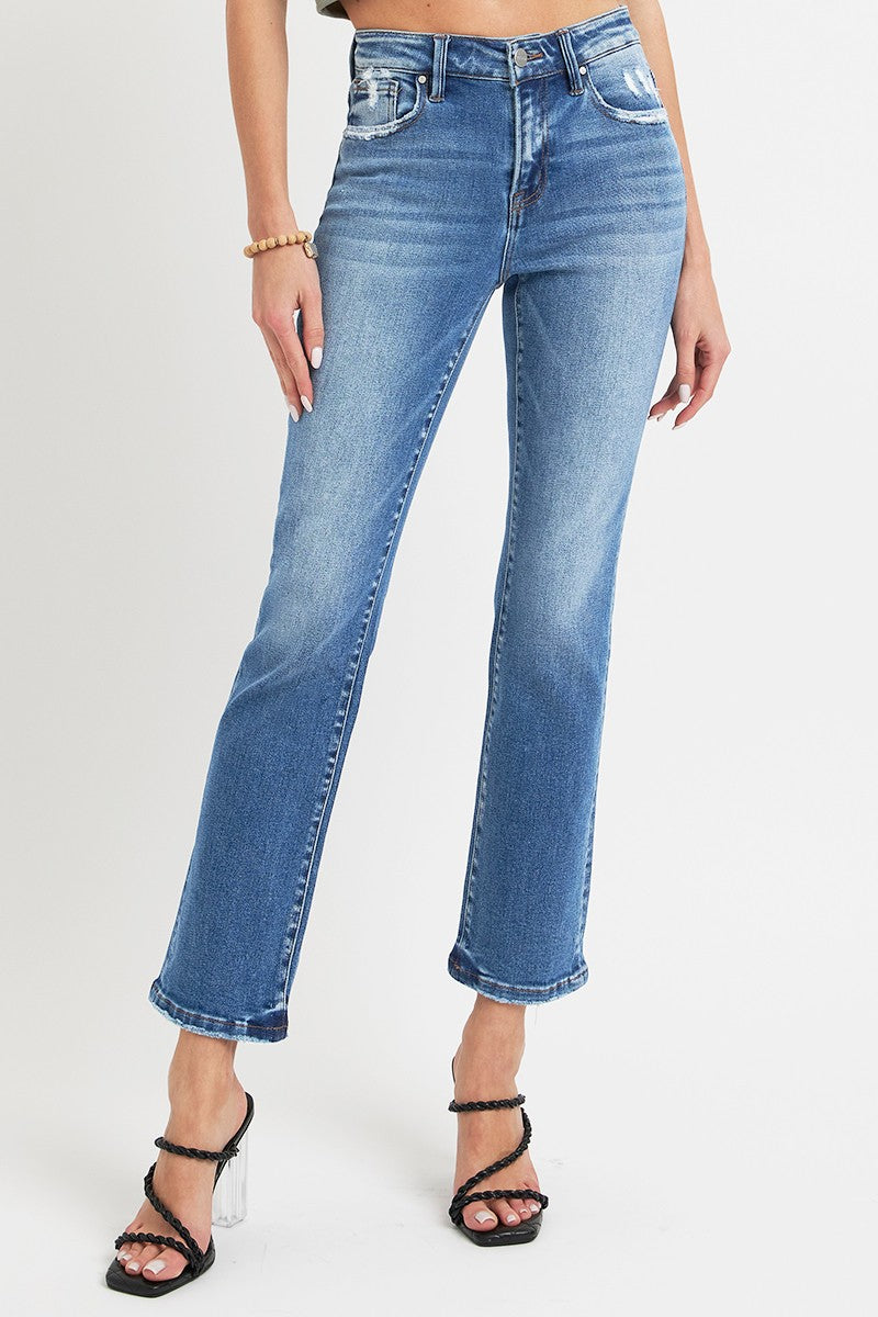 Inseam 28 -29" FULL Size Mid Rise Ankle Straight Jeans with Pockets RISEN