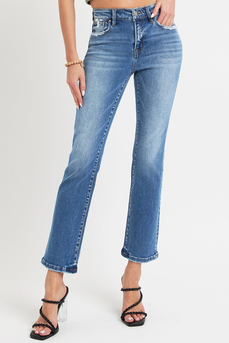 Inseam 28 -29" FULL Size Mid Rise Ankle Straight Jeans with Pockets RISEN
