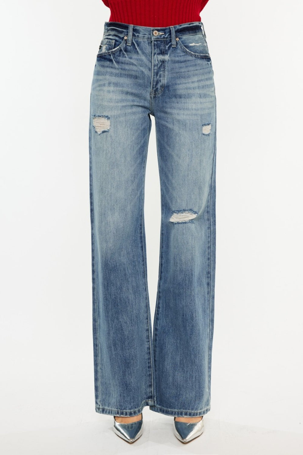 Distressed High Waist Bootcut Jeans KANCAN