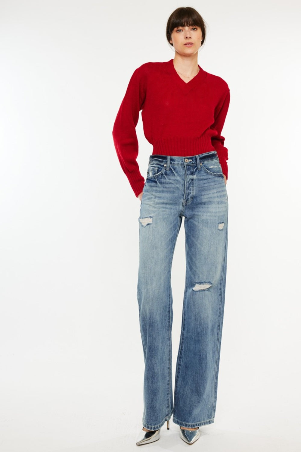 Distressed High Waist Bootcut Jeans KANCAN