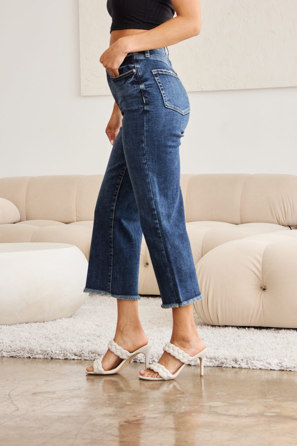 Inseam 24" FULL Size Tummy Control High Waist Raw Hem Jeans RFM