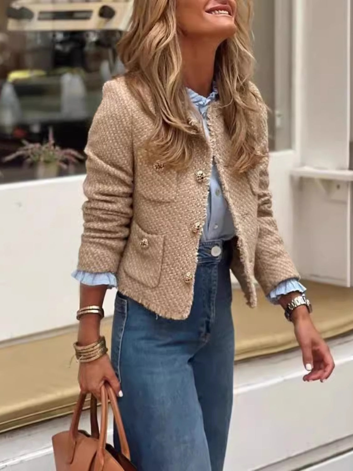 Raw Hem Pocketed Round Neck Jacket Y@S@M