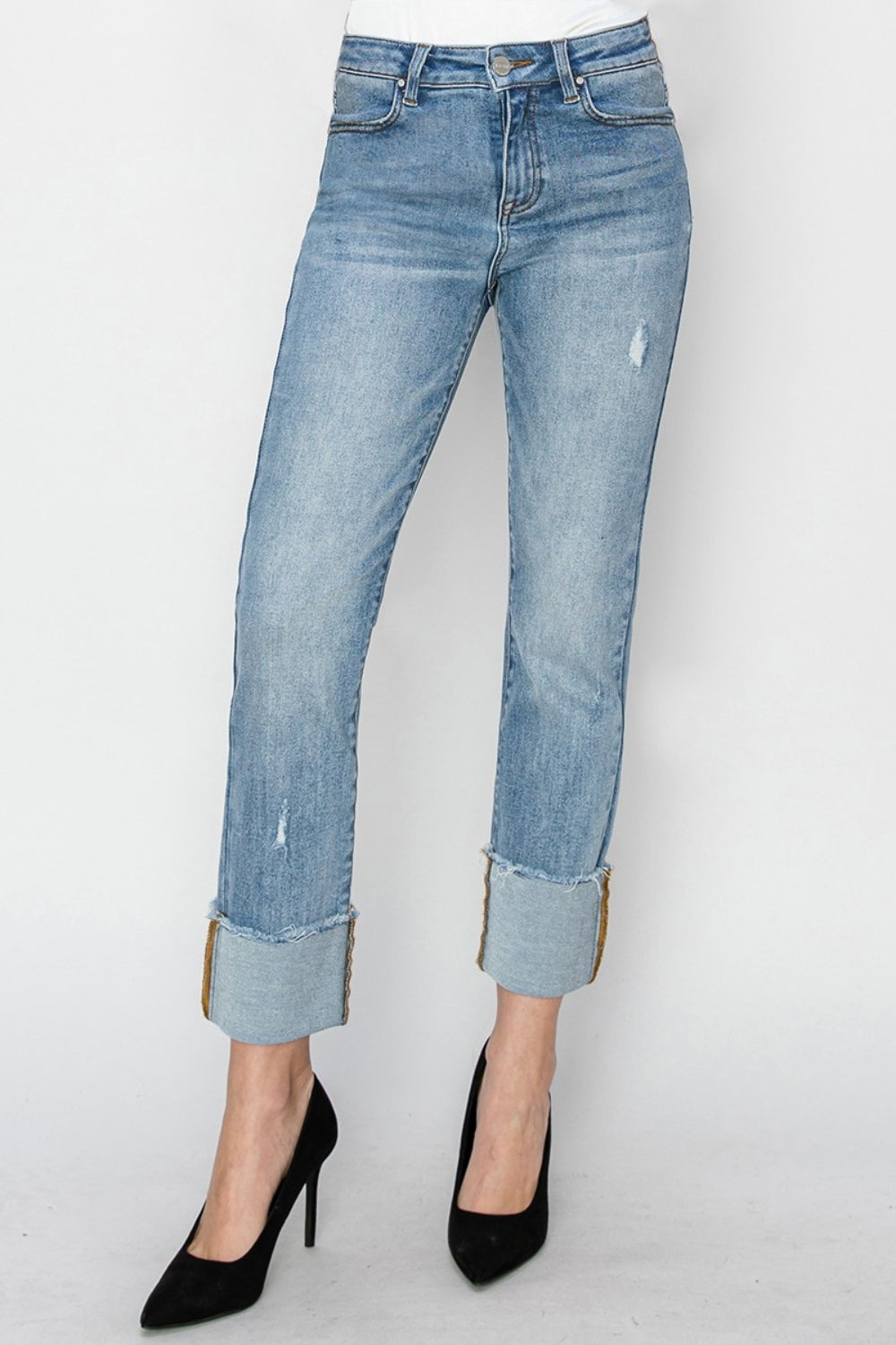 Inseam 26"  FULL size High Rise Cuffed Slim Straight Jeans  RISEN