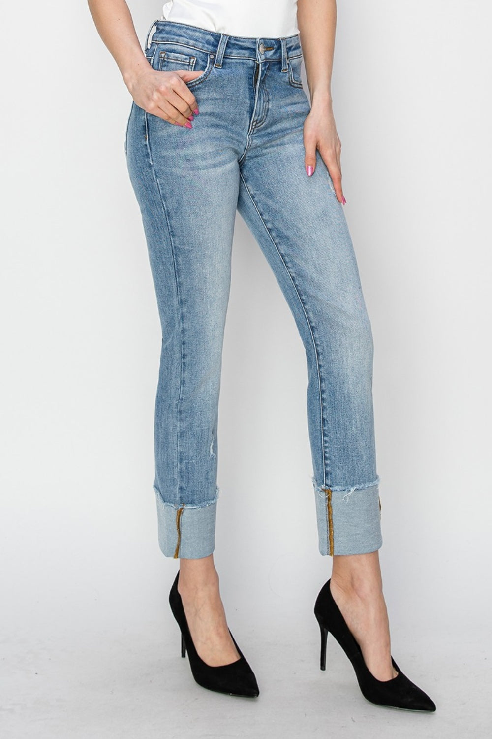 Inseam 26"  FULL size High Rise Cuffed Slim Straight Jeans  RISEN