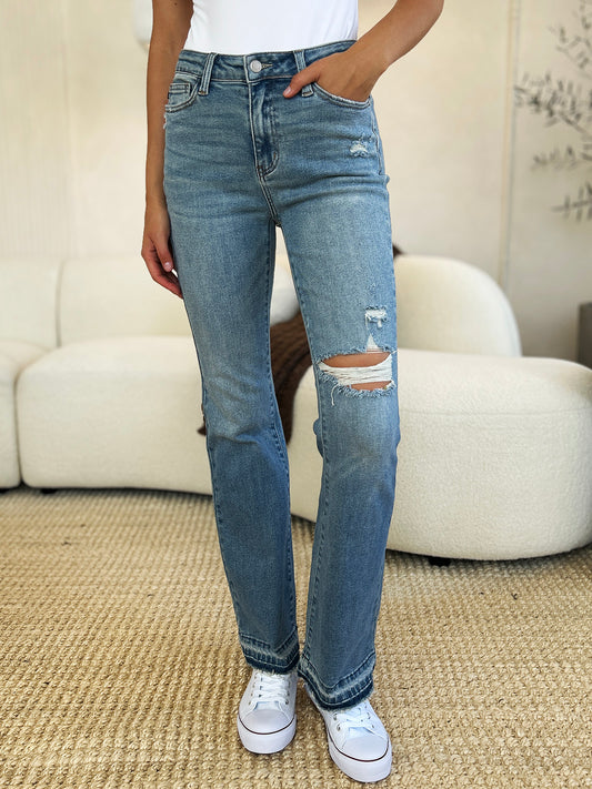 Inseam 32"  FULL size Mid Rise Destroyed Hem Distressed Jeans  JUDY BLUE