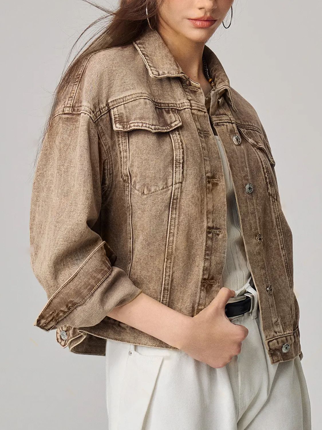 Pocketed Collared Neck Denim Jacket. Y@X@N@H