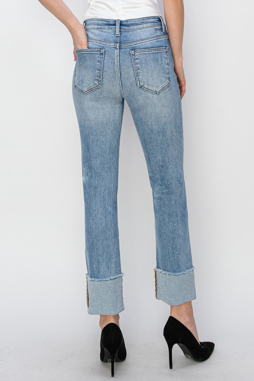 Inseam 26"  FULL size High Rise Cuffed Slim Straight Jeans  RISEN