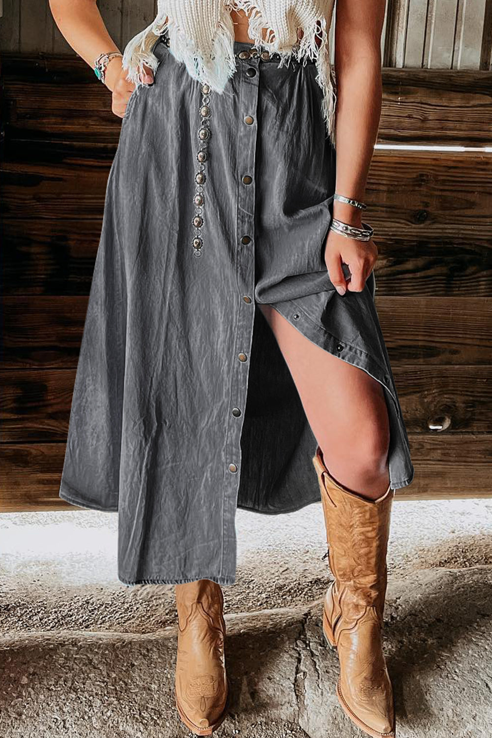 Snap Down High Waist Denim Skirt  -2 COLORS SYNZ