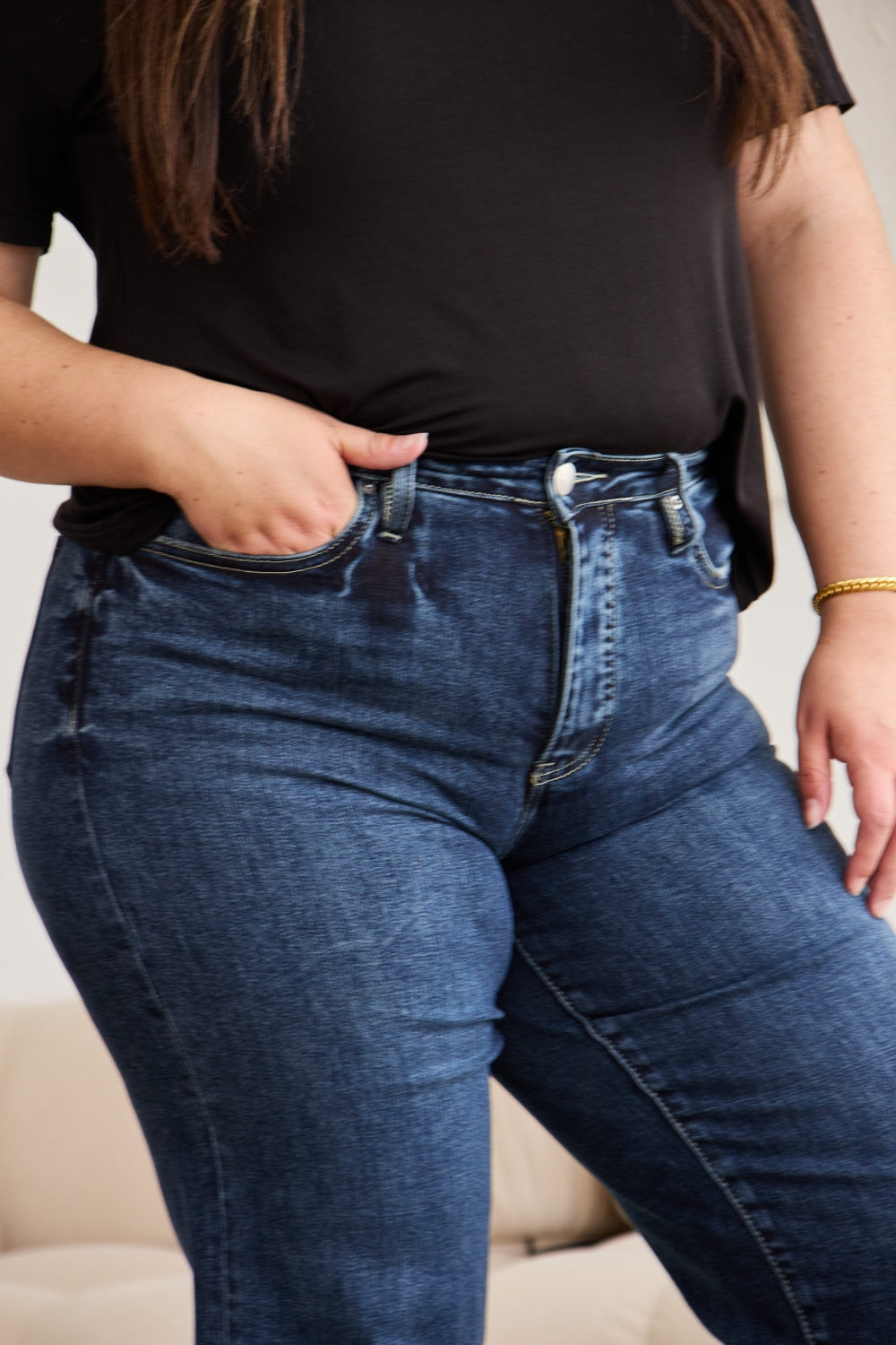 Inseam 24" FULL Size Tummy Control High Waist Raw Hem Jeans  RFM