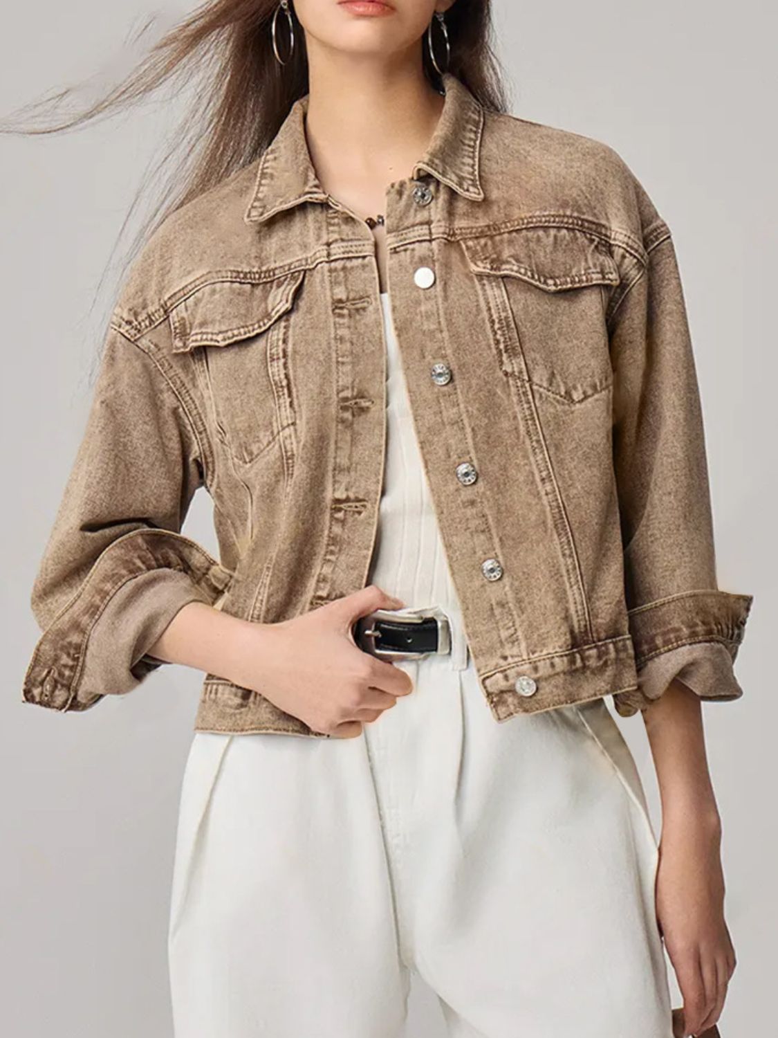 Pocketed Collared Neck Denim Jacket. Y@X@N@H
