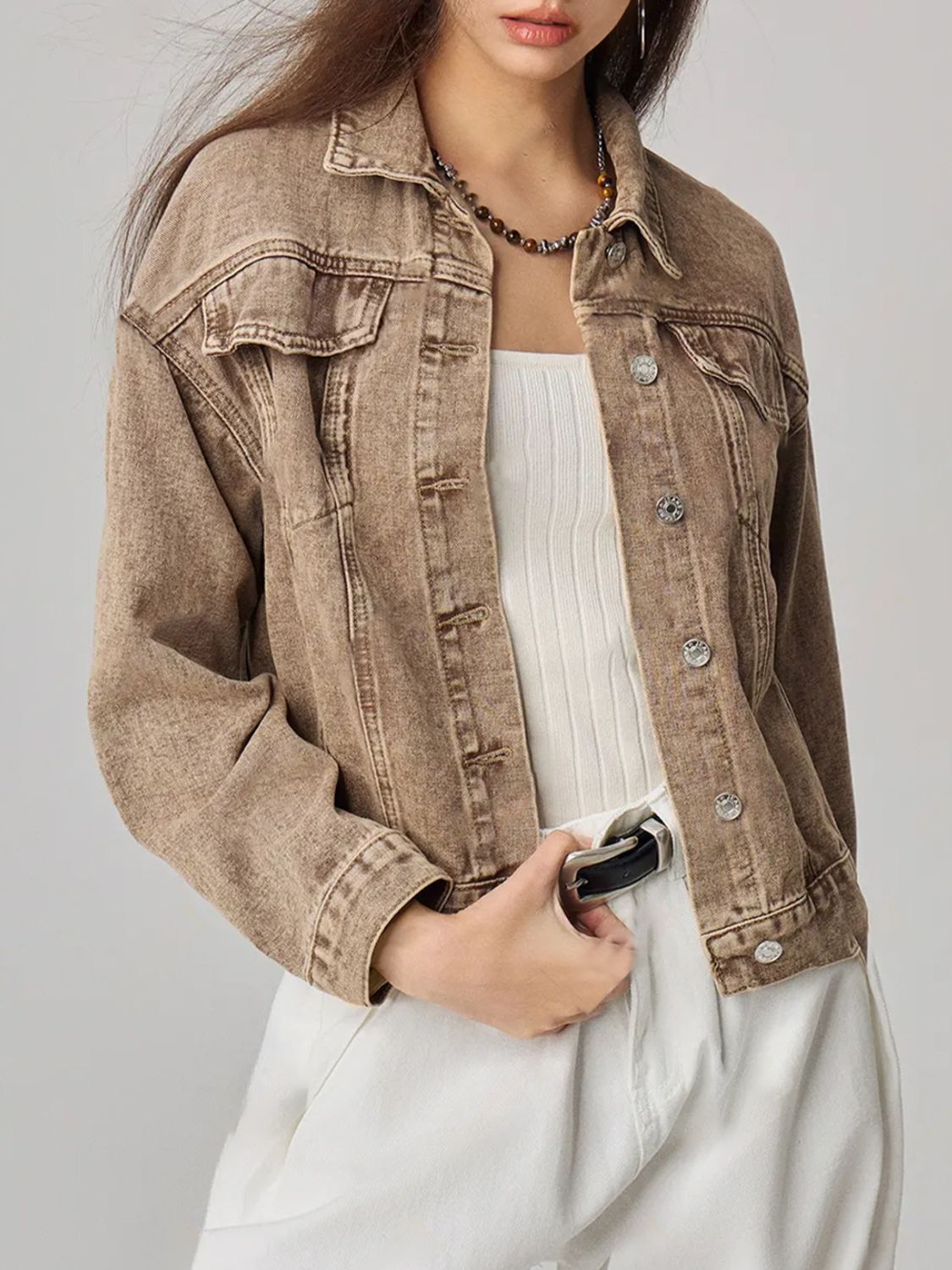 Pocketed Collared Neck Denim Jacket. Y@X@N@H