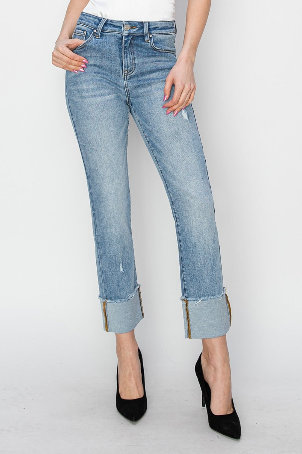 Inseam 26"  FULL size High Rise Cuffed Slim Straight Jeans  RISEN