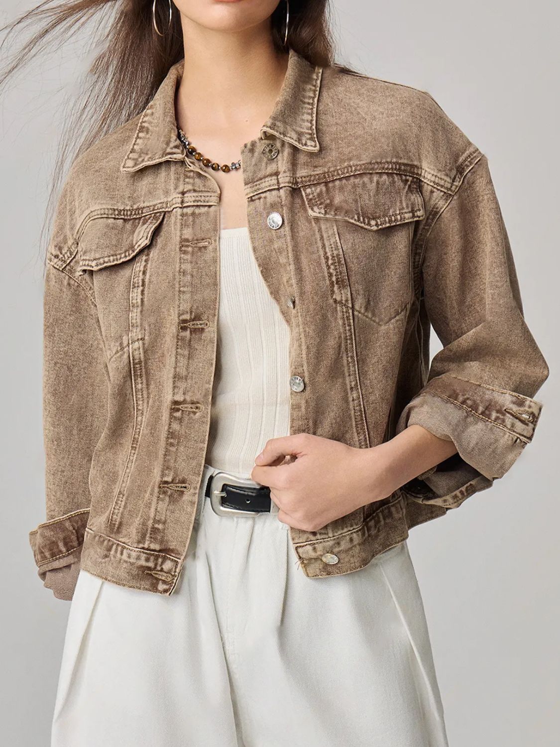 Pocketed Collared Neck Denim Jacket. Y@X@N@H