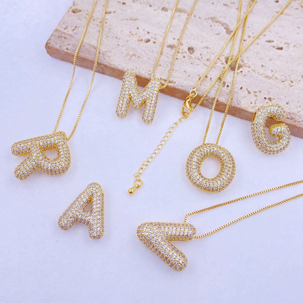 Inlaid Zircon Bubble Initial Necklace A - K Letters   S@Y