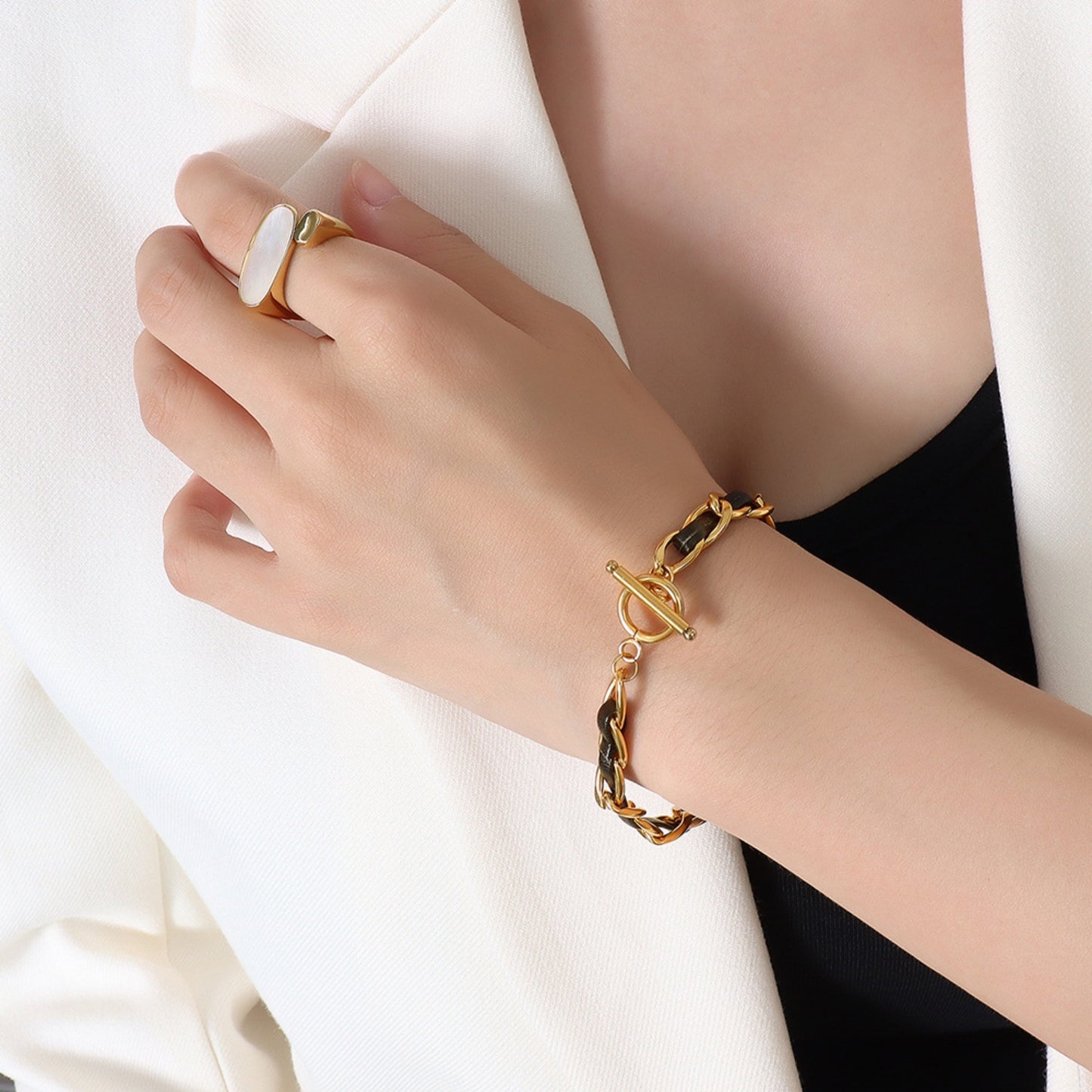 18K Gold-Plated Leather Chain Bracelet - 2 COLORS M^L