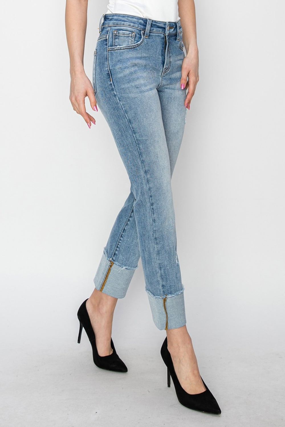 Inseam 26"  FULL size High Rise Cuffed Slim Straight Jeans  RISEN
